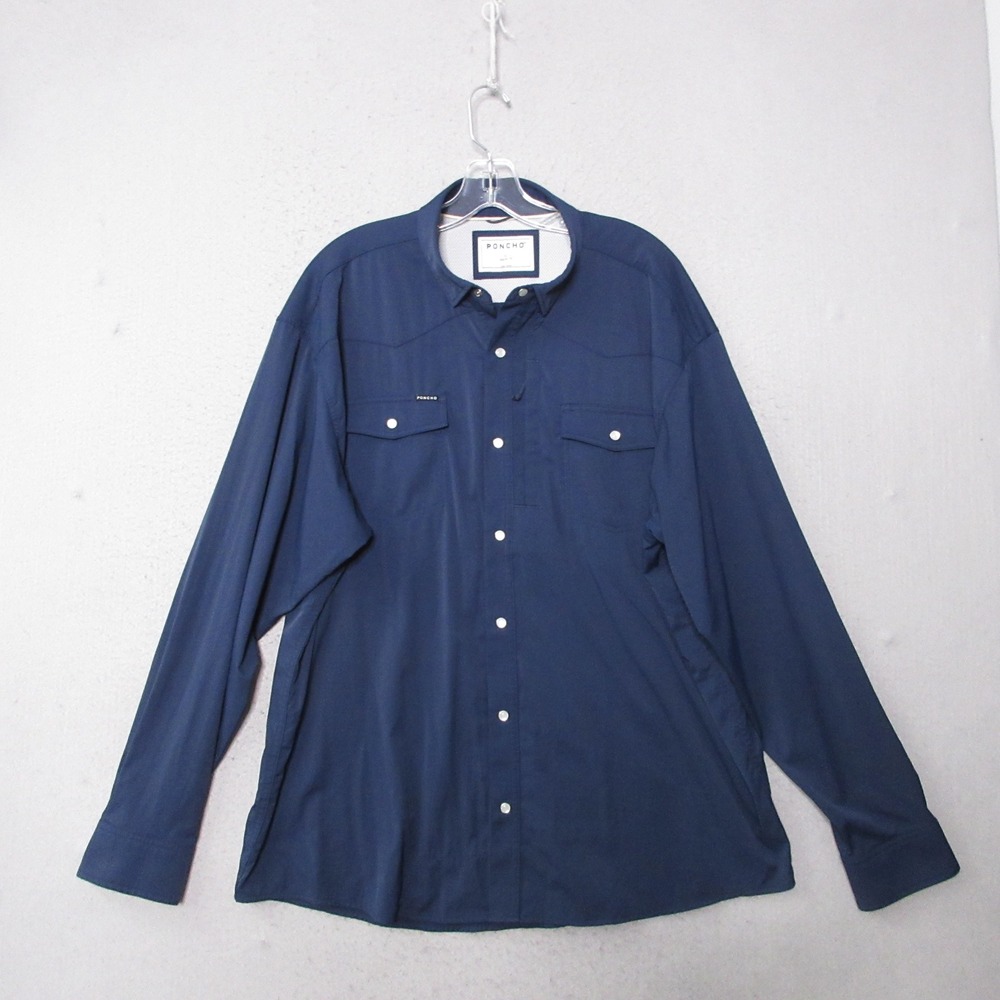 Poncho Shirt Men XL Blue Snap Long Sleeve Pockets Performance Travel Breathable